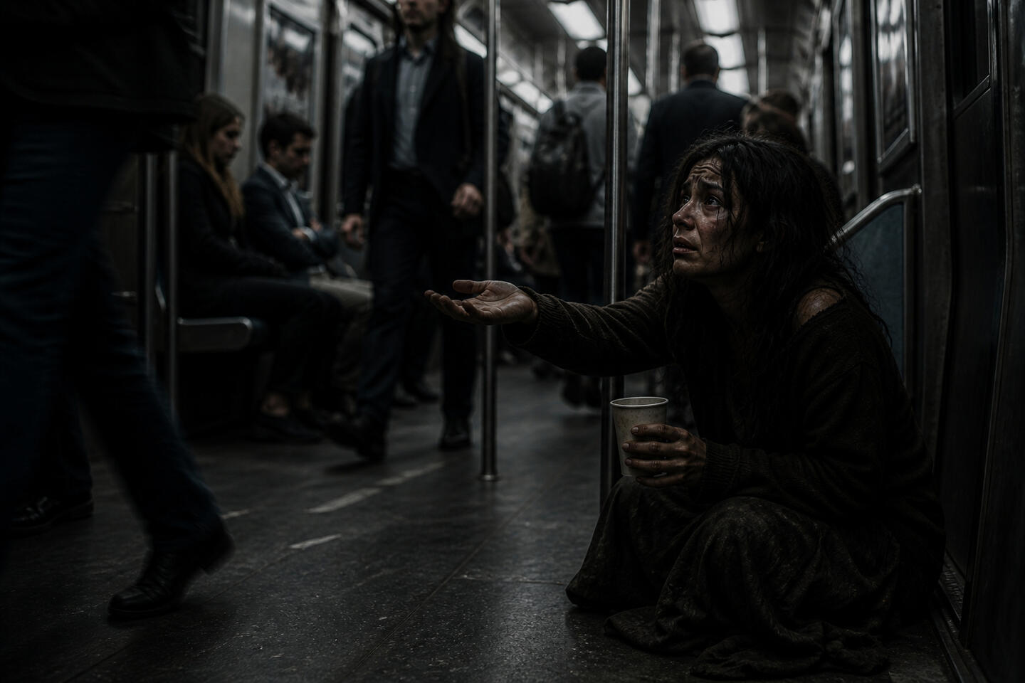Present, but not seen Surrounded by movement, in a world that never stops, some people quietly disappear. Woman sitting on the floor of a subway, surrounded by people, appearing isolated.