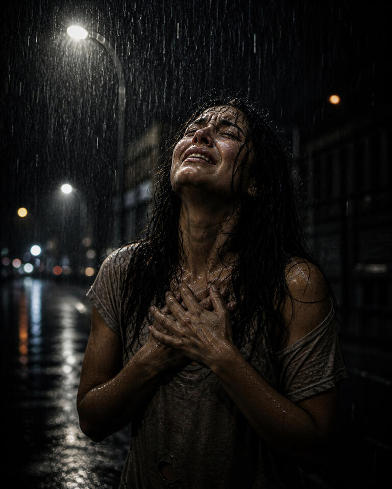 Woman standing in the rain at night, crying with hands over her chest.