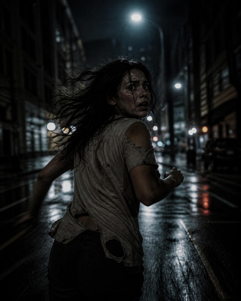 Running Through the Silence Running through fear, searching for breath, carrying what was never spoken. Woman running alone at night on a wet street, looking back with fear, suggesting danger and urgency.