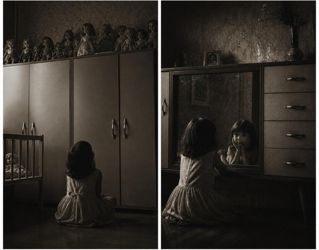 SECOND LAYER — THE DISTANCE They were hers... but never within reach. So she learned to look instead of touch. And when no one answered... she turned toward the mirror.